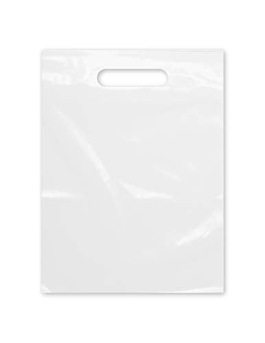 Purple Q Crafts Plastic Bag With Die Cut Handle 9" x 12" White Merchandise Bags 100 Pack for Retail, Gifts, Trade Show and More