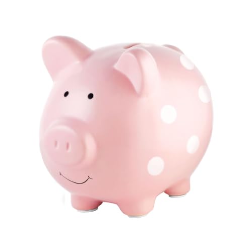 Pearhead Large Ceramic Piggy Bank, Ideal for Boys and Girls, Kids Money and Coin Bank, Perfect Baby Girl Nursery Décor, Gift and Newborn Keepsake, Pink Polka Dots