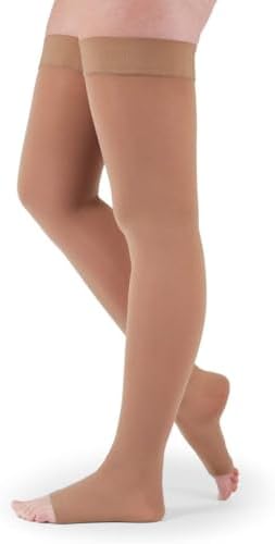 medi Assure 20-30 mmHg Thigh High Compression Stockings with Silicone Top Band – Open Toe Leg Circulation, Stockings for Women, Semi-Opaque Leg Support Compression Hosiery , X-Large-Petite, Beige