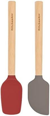 KitchenAid Bamboo Wood Handled Mini Spatula Set with Silicone Head, Set of 2, Empire Red/Gray