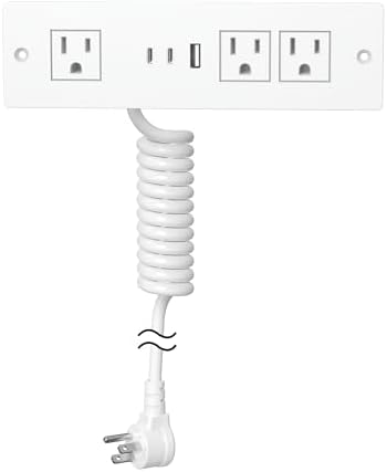 Furniture Drawer Outlet, Recessed Power Strip with (3) PD 20W USB Ports Fast Charging & (3) 15 Amp AC Outlets, (14 AWG) 5 FT White Spring Cord
