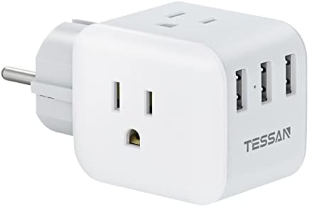 TESSAN France Germany Iceland Power Adapter, Schuko European Travel Plug Adapter with 3 USB 3 American Outlet, Type E/F Plug Adapter for US to Most of Europe German French Iceland Spain Poland Sweden