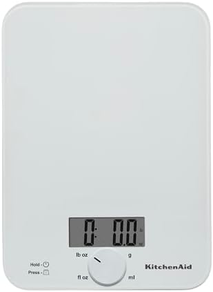 KitchenAid KQ914WH Glass Surface 11 Pound Capacity Digital Kitchen and Food Scale, Scale for Food Ounces and Grams, Dry and Liquid Ingredients, White