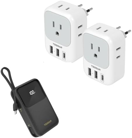 2 Pack European Travel Plug Adapter USB C, TESSAN US to Europe Plug Adapter with 4 Outlets 3 USB Charger, Type C Power Adaptor with 20000mAh Portable Battery Pack