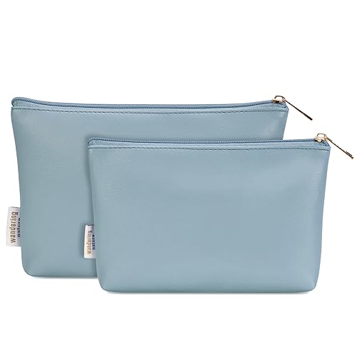 Wandering Nature Makeup Bag Small Cosmetic Bag for Purse 2 Pack Small Make Up Pouch Vegan Leather Cute Travel Pouch with Zipper for Women, Blue