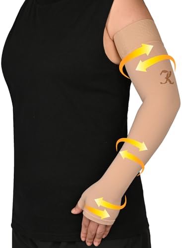 KEKING Lymphedema Compression Arm Sleeve with Gauntlet for Women Men, 20-30 mmHg Medical Graduated Compression Arm Brace, Full Arm Support Brace for Pain Relief, Arthritis, Swelling, Single Beige L