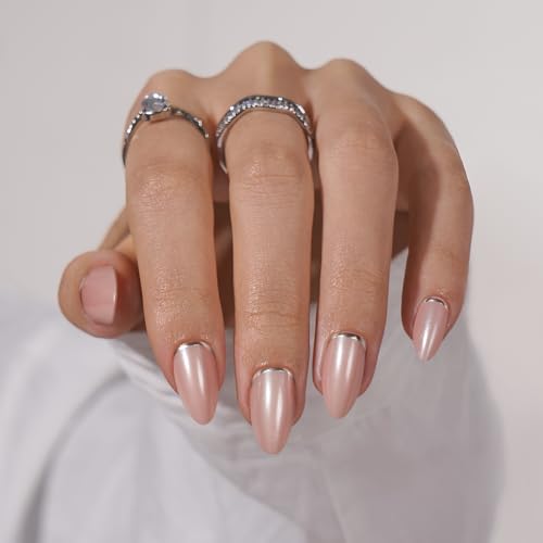 BTArtbox Press On Nails Almond - Short Fake Nails with Silver Foil Design, Resuable Glue On Nails for Women Gift in 16 Sizes, Crescent Moon