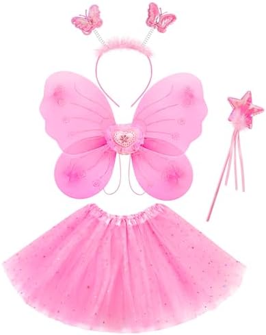 4 Pcs Butterfly Fairy Costume for Girls Kids Princess Cosplay Costume Set with Wings, Tutu Skirt, Wand for Girls 3-8 Years Pink