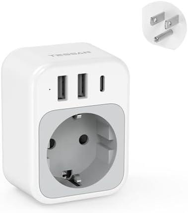 TESSAN EU to US Plug Adapter, European Travel Converter with 1 AC Outlet and 3 USB Ports(1 USB C), Most of Europe Germany France Korea Greece Type C/E/F Plugs to US Power Adapter