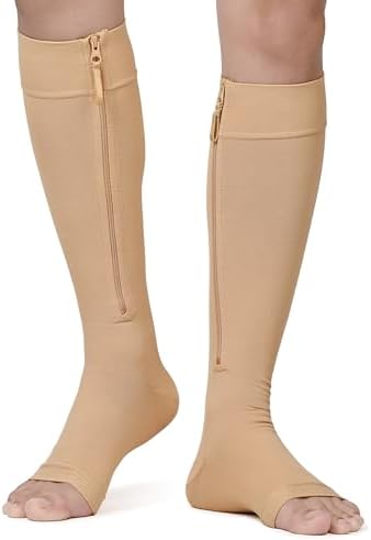 NURCOM Copper Compression Socks 4X-Large Beige Opaque Plus Size Knee-Hi 20-30 mmHg Wide Calf, Zipper Compression Socks, Alleviates Varicose Veins, Chronic Venous, Spider Veins, Swelling, Lymphedema