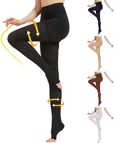MGANG Medical Compression Pantyhose for Women & Men, 15-20mmHg Graduated Compression Support Tights, Open Toe, Opaque Waist High Compression Stockings for Edema, Varicose Veins, Flight, DVT, Black XXL
