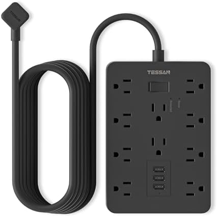 Surge Protector Extension Cord 10 Ft Black, TESSAN Flat Plug Power Strip with 10 Wide-Spaced AC Outlets and 3 USB Ports, 1875W/15A, 1700J Protection, Wall Mount Outlet Strip for Home, Office, School