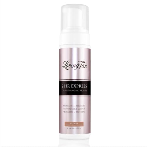 LOVING TAN 2 HR Express Mousse, Medium - Streak Free, Natural looking, Professional Strength Sunless Tanner - Up to 5 Self Tan Applications per Bottle, Cruelty Free, Naturally Derived DHA - 6.7 FL Oz