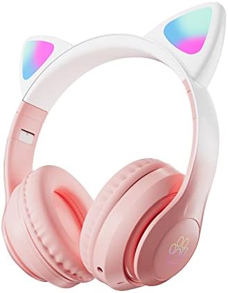 Kids Headphones, Bluetooth Wireless Headphones for Kids Teens Adults, Over-Ear Bluetooth Headphones with Microphone, Cat Ear Headphones for Girls Women (New Pink)