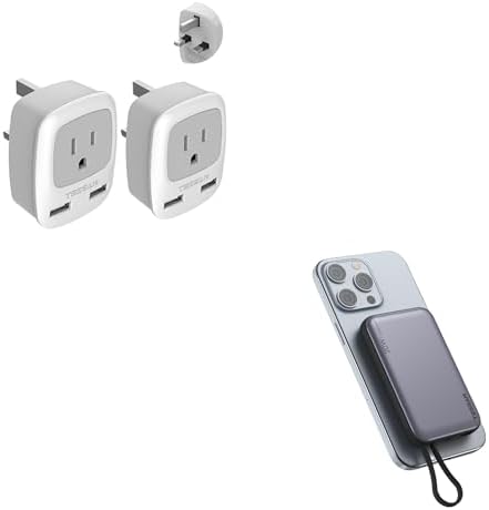 US to UK Ireland Travel Plug Adapter 2 Pack, TESSAN Type G Power Outlet Adaptor with 2 USB, Magnetic Portable Charger 10000mAh, 20W Fast Charging Battery Pack for iPhone 15/14/13/12/Mini/Pro/Pro Max