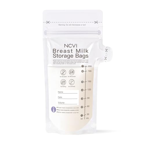 NCVI Breastmilk Storage Bags, 50 Count Milk Storage Bags for Breastfeeding, 7oz Breast Milk Storage Bags with Temp-Sensing, Doubled-Sealed, Hygienically, Self Standing, Easy Pour Spout, BPA Free