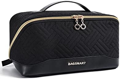 BAGSMART Makeup Bag Cosmetic Bag, Travel Makeup Bag,Water-resistent Makeup Bags for Women Portable Pouch Open Flat Make Up Organizer Bag for Toiletries, Brushes Black