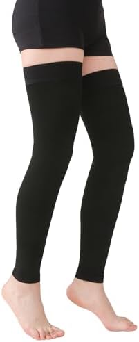 MGANG 15-20 mmHg Compression Stockings for Women & Men, Thigh High Medical Footless Graduated Compression Sleeves with Silicone Dot Band, for Varicose Veins, Edema, Travel, Flight, Pregnant, Black XXL