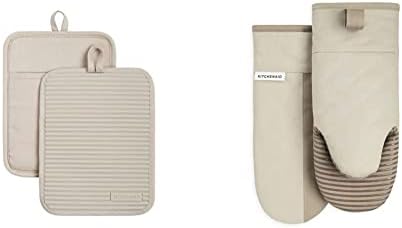 KitchenAid Ribbed Soft Silicone Water Resistant Pot Holder Set, Milkshake, 2 Piece Set & Beacon Non-Slip Oven Mitt Set, Milkshake/Beige, 2 Piece Set