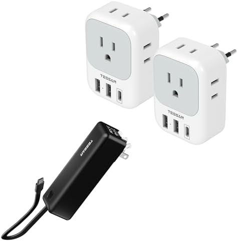 TESSAN European Travel Plug Adapter 2 Pack, US to Europe Power Adapter with 4 AC Outlets and 3 USB, Euro Charger Adaptor, Portable Charger Power Bank, 3 in 1 Power Bank 20W Fast Charging
