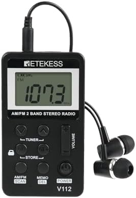 Retekess V112 AM FM Pocket Radio, Digital Radio with Earphone, Rechargeable Battery Radio with LCD Display for Walking, Jogging, Training(Black)