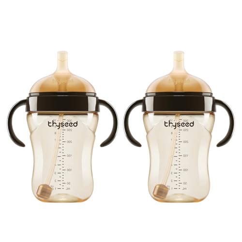 PPSU Weighted Straw Cup with Handles Toddlers Transition Bottles to Sippy Cups No Spill Learner Milk Water Baby Bottle Soft Silicone Spout Dishwasher Safe BPA Free 6+ Months 10oz/300mL 2 Pack