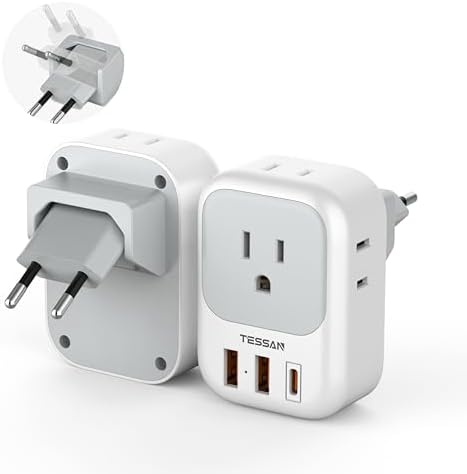 TESSAN European Travel Plug Adapter 2 Packs, Type C Europe Adaptor Foldable Plug 4 Outlets 3 USB(1 USB C PD 20W), US to Spain France Italy Germany Denmark Iceland International Travel Essentials