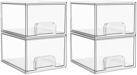 Vtopmart 4 Pack Clear Stackable Storage Drawers, 4.4'' Tall Acrylic Bathroom Makeup Organizer,Plastic Storage Bins For Vanity, Undersink, Kitchen Cabinets, Pantry, Home Organization