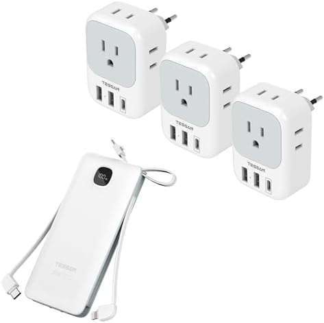TESSAN 3 Pack European Travel Plug Adapter USB C, US to Europe Power Adapter with 4 AC Outlets and 3 USB (1 USB C) with Portable Phone Charger with Built in Cables, 10000mAh Power Bank