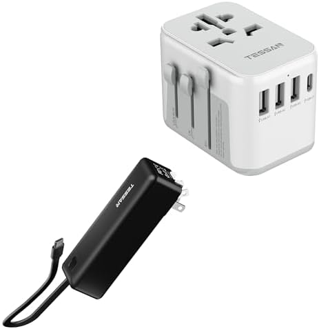 TESSAN International Plug Adapter, Universal Power Adaptor with 4 USB Ports (1 USB C), Portable Charger Power Bank, 3 in 1 Power Bank 20W Fast Charging