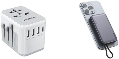 TESSAN International Plug Adapter, Universal Power Adaptor with 4 USB Ports (1 USB C), Magnetic Portable Charger 10000mAh, 20W Fast Charging Battery Pack for iPhone 15/14/13/12/Mini/Pro/Pro Max