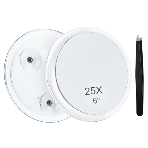 MIYADIVA 25X Magnifying Mirror Suction Cup for Easy Mounting, Use for Makeup Mirror, Travel Stick on Shower Mirror for Plucking Eyebrows 6 Inch