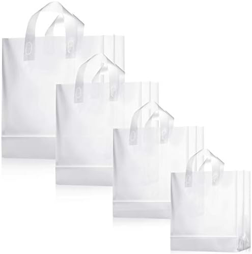 100 Pcs Frosted Plastic Gift Bags with Handles for Small Business Clear Shopping Bags with Cardboard Bottom,4 Sizes