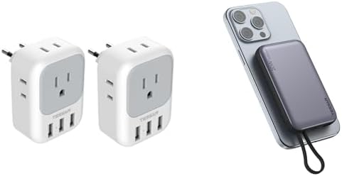 TESSAN European Travel Plug Adapter 2 Pack, US to Europe Power Adapter with 4 AC Outlets and 3 USB, Magnetic Portable Charger 10000mAh, 20W Battery Pack for iPhone 15/14/13/12/Mini/Pro/Pro Max