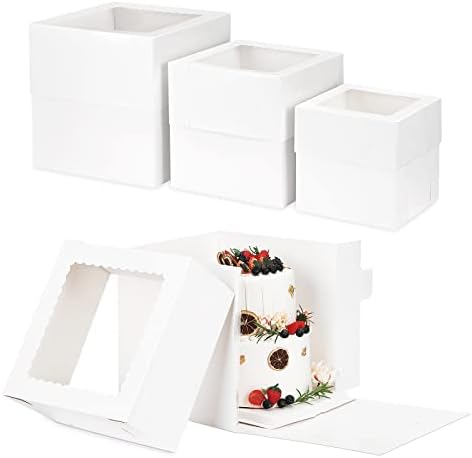 Moretoes 12 Pcs Cake Box, Tall Cake Boxes with Window in 3 Sizes 12x12x12 10x10x10 8x8x8 Inches, Bakery Boxes Disposable Carrier Take Out Container, Boxes in 2 or 3 Tier for Christmas