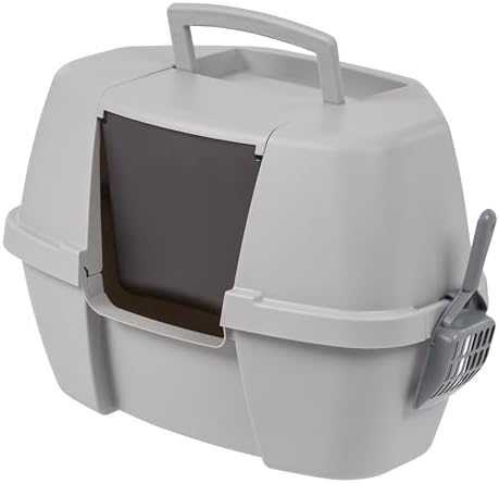IRIS USA Corner Cat Litter Box Enclosed with Scoop - Privacy and Easy Access for Cleaning, Odor Defensive Hooded Litter Tray, Sturdy Stain Resisting Plastic, Fits in Most Corners, Gray