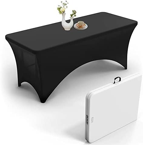 Urby Elastic Table Clothes for 6 Foot Rectangle Tables Fits 6ft Folding Tables from Lifetime, COSCO, Mainstays and Others. Heavy-Duty Stretchy Wrinkle Resistant Spandex. Black 2 Pack.