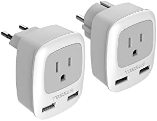 Type E F and Type C Plug Adapter Bundle, TESSAN Germany France Power Adapter, European Outet Converter with 2 USB Ports, Travel Adaptor for US to Europe EU Iceland Korea Greece German French