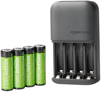 Amazon Basics - 4 Bay Battery Charger for AA & AAA Rechargeable Batteries with Rechargeable AA NiMh Batteries, 4 Count (Pack of 1), Type A (American) Plug, Black