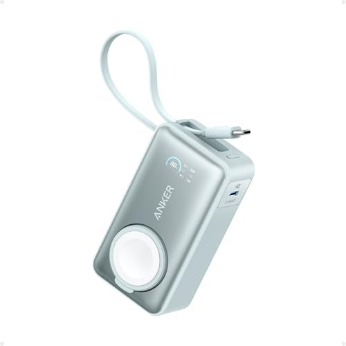 Anker MagGo Power Bank for Apple Watch, Officially Certified, 10,000 mAh Compact Battery Pack with Built-in USB-C Cable, 35 W Max, for iPhone 15 Series, Samsung, iPad, AirPods and More