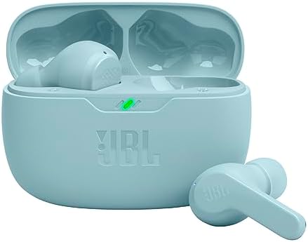 JBL Vibe Beam - True Wireless JBL Deep Bass Sound Earbuds, Bluetooth 5.2, Water & Dust Resistant, Hands-free call with VoiceAware, Up to 32 hours of battery life (Mint) (Renewed)