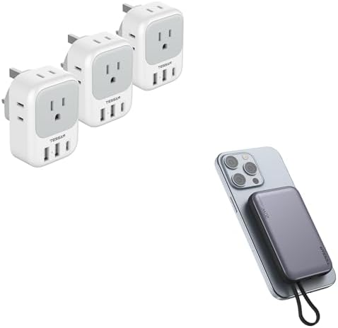 US to UK Plug Adapter 3 Pack, TESSAN Type G Travel Plug with 4 Outlets 3 USB Ports(1 USB C), Magnetic Portable Charger 10000mAh, Battery Pack for iPhone 15/14/13/12/Mini/Pro/Pro Max