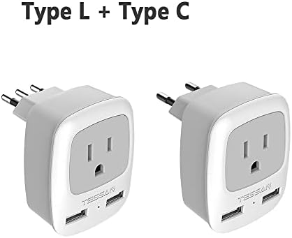 TESSAN European Travel Plug Adapter 2 Pack, TESSAN International Power Plug with 2 USB, Type C/L Outlet Adaptor Charger for US to Most of Europe EU Iceland Spain Italy
