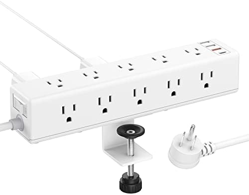 CCCEI Standing Desk Clamp Power Strip with 15 Outlets, Widely Spaced Desktop Edge Mount Surge Protector Outlet, Fast Charging USB-A and USB-C Ports, 10 FT Flat Plug, Fit 1.6 inch Table top, White.