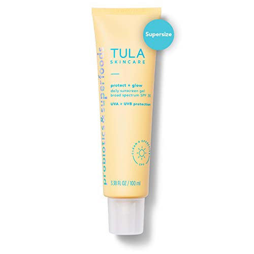 TULA Skin Care Protect + Glow Daily Sunscreen Gel Broad Spectrum SPF 30 - Skincare-First, Non-Greasy, Non-Comedogenic & Reef-Safe with Pollution & Blue Light Protection, Supersize, 3.38 oz