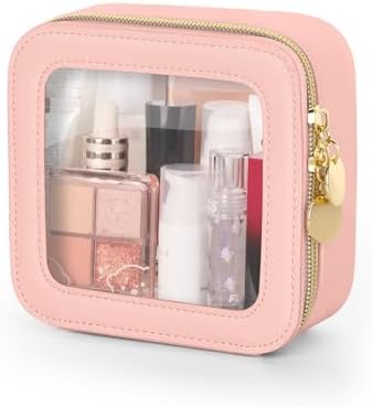 Clear Makeup Bag, Portable Travel Cosmetic Bags, Multipurpose Leather Toiletry Bag with Zipper, Waterproof Transparent Cosmetic Organizer for Women, Mini, Pink