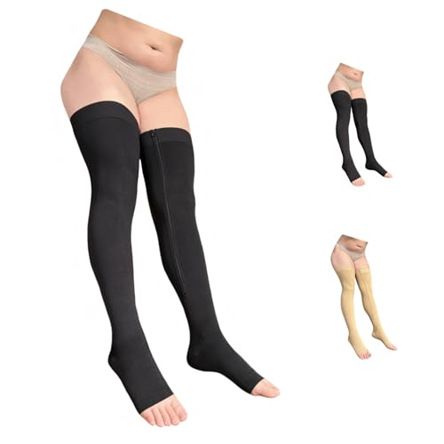 Thigh High 20-30 mmHg Compression Wide Calf Inside Leg Zipper Open Toe (Black, 3X-Large)