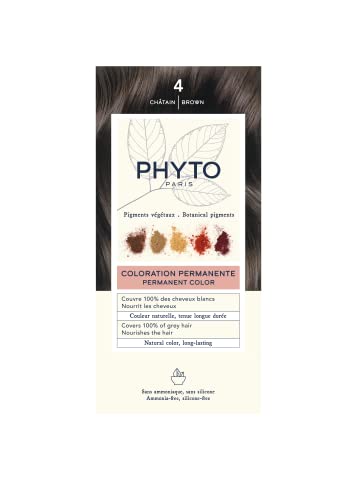 PHYTO Phytocolor Permanent Hair Color, 4 Brown, with Botanical Pigments, 100% Grey Hair Coverage, Ammonia-free, PPD-free, Resorcin-free, 0.42 oz.