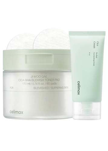 celimax Ji.Woo.Gae Cica BHA Blemish Toner Pad (60 Pads) + The Real Cica Soothing Cream 50ml Bundle