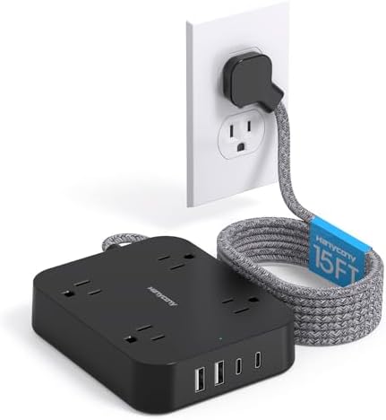 Black Extension Cord 15 Ft, Flat Plug Power Strip with 4 Outlets with 4 USB Ports(2 USB C), Wall Mount Charging Station, No Surge Protector for Home Office College Dorm Room Travel Essentials